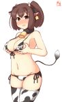  1girl alternate_costume animal_ears animal_print artist_logo bell bikini breast_hold breasts brown_eyes brown_hair commentary_request covered_nipples cow_ears cow_horns cow_print cow_tail cowbell cowboy_shot dated ear_tag fake_animal_ears fake_horns front-tie_top groin highres horns ise_(kancolle) kanon_(kurogane_knights) kantai_collection large_breasts looking_at_viewer lowleg lowleg_bikini one-hour_drawing_challenge ponytail short_hair simple_background solo standing swimsuit tail thighhighs white_background white_bikini white_legwear 