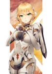  1girl armor banned_artist blonde_hair breasts cyborg fiora_(xenoblade) green_eyes holding kyoeiki long_hair looking_at_viewer mecha-fiora medium_breasts short_hair simple_background smile solo sword weapon xenoblade_chronicles xenoblade_chronicles_(series) 