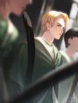  3boys bangs black_hair blonde_hair blue_eyes blurry broom coat day depth_of_field draco_malfoy from_side frown green_coat harry_potter_(series) highres looking_at_viewer male_focus multiple_boys quidditch school_uniform sg_chenxiiiii short_hair sideways_glance slytherin solo_focus upper_body 