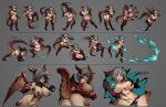  1girl ass breasts darkest_dungeon dragon_girl dragon_tail dragon_wings full_body grey_hair highres horns kicking large_breasts monster_girl multiple_views navel original pointy_ears punching sarrow_(stmaster) scales stmaster tail wings 