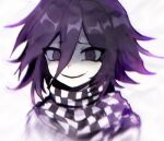  1boy bangs blurry blurry_foreground checkered checkered_neckwear checkered_scarf danganronpa_(series) danganronpa_v3:_killing_harmony depth_of_field english_commentary grey_background hair_between_eyes looking_at_viewer male_focus multicolored_hair open_mouth ouma_kokichi pale_skin portrait purple_hair scarf short_hair simple_background smile solo two-tone_hair v1v404 