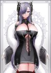  1girl august_von_parseval_(azur_lane) azur_lane bare_shoulders black_dress black_horns breasts cleavage cowboy_shot dress feather_boa gloves hair_over_one_eye highres horns huge_breasts long_hair looking_at_viewer mechanical_horns microdress purple_eyes purple_hair sai-go simple_background solo thighhighs very_long_hair white_background white_gloves 
