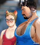  2boys animal_ears armpit_hair bara beard black-framed_eyewear black_hair blue_eyes blush breast_envy bursting_pectorals chest_hair covered_nipples cow_boy cow_ears cow_horns dark-skinned_male dark_skin facial_hair from_side glasses goatee hairy highres horns judo-kun_(saiberseks) large_pectorals looking_at_another looking_down male_cleavage male_focus mature_male meme mouse_boy mouse_ears multiple_boys muscle_envy muscular muscular_male mustache original pectoral_envy_(meme) pectoral_focus pectorals short_hair sideburns sidepec singlet skin_tight upper_body wrestling_outfit yaoi 