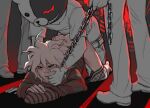  4boys anal bear_mask blush chain chained clothes_pull collar cum cum_on_ass danganronpa_(series) danganronpa_another_episode:_ultra_despair_girls english_commentary finger_in_another&#039;s_mouth green_shirt hair_between_eyes komaeda_nagito male_focus male_underwear messy_hair metal_collar mittens monokuma multiple_boys pants pants_pull rape red_background red_shirt shirt shoes short_sleeves standing striped striped_shirt sweat top-down_bottom-up underwear white_shirt yandr4hope yaoi 