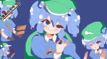  1girl agatsuma_yuuki backpack bag blue_eyes blue_hair blue_shirt green_headwear hair_bobbles hair_ornament hat kawashiro_nitori key money one_eye_closed self_upload shirt short_hair smile solo touhou two_side_up 