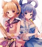 2girls :d bangs bare_shoulders belt blouse blue_dress blue_eyes blue_hair blunt_bangs blurry bracelet breasts brown_eyes closed_mouth collarbone cowboy_shot depth_of_field dress earmuffs eyebrows_visible_through_hair glint hagoromo hair_flaps hair_ornament hair_rings hair_stick highres holding holding_stick jewelry kaku_seiga light_blush light_brown_hair looking_at_viewer medium_breasts moshihimechan multiple_girls open_clothes open_mouth open_vest pink_blouse pointy_hair puffy_short_sleeves puffy_sleeves purple_neckwear purple_ribbon ribbon ritual_baton shawl short_sleeves simple_background sleeveless_blouse smile stick touhou toyosatomimi_no_miko vest white_background white_vest 