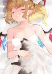  1girl absurdres bangs bare_shoulders blonde_hair breasts cat closed_eyes commentary_request crystal flandre_scarlet hat highres lying mob_cap mouth_drool nightgown niseneko_(mofumofu_ga_ienai) on_back one_side_up pointy_ears sleeping small_breasts solo strap_slip touhou white_headwear wings 