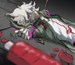  1boy bangs blurry blurry_foreground bottle collarbone danganronpa_(series) danganronpa_2:_goodbye_despair english_commentary green_jacket grey_hair hair_between_eyes injury jacket knife komaeda_nagito long_sleeves looking_at_viewer male_focus messy_hair open_clothes open_jacket pink_blood print_shirt shirt solo tearing_up upper_body weapon what_if white_hair white_shirt yandr4hope 