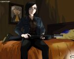  2girls anton_chigurh_(no_country_for_old_men) artist_name bangs bed black_hair black_jacket black_legwear blue_eyes bob_cut brown_shirt buttons closed_eyes closed_mouth feet_out_of_frame finger_on_trigger genderswap gloves grey_hair gun hands_together highres holding holding_gun holding_weapon indoors jacket k3nnyn3v long_sleeves medium_hair multiple_girls no_country_for_old_men ofelia_(gogalking) on_bed open_clothes open_jacket photo-referenced picture_(object) pocket shadow shirt shoes shotgun sidelighting sitting solo_focus straight_hair suppressor weapon wing_collar yellow_gloves 