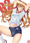  1girl arm_behind_head arm_up bangs bloomers blue_eyes blush breasts clothes_lift evangelion:_3.0_you_can_(not)_redo eyebrows_visible_through_hair gym_shirt hair_ornament highres long_hair looking_at_viewer lying navel neon_genesis_evangelion on_back orange_hair pairan rebuild_of_evangelion red_background shirt shirt_lift short_sleeves signature solo souryuu_asuka_langley two_side_up underwear white_background 