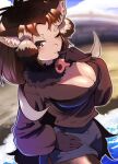  1girl ;) animal_ears beach blurry blurry_foreground boar_ears breasts brown_eyes brown_hair brown_legwear cleavage closed_mouth cowboy_shot day desert_warthog_(kemono_friends) eyebrows finger_to_mouth fisheye fur_collar gloves grey_hair hand_on_hip hand_up highres kemono_friends large_breasts long_hair long_sleeves looking_at_viewer miniskirt multicolored_hair one_eye_closed outdoors pantyhose pig_ears puffy_long_sleeves puffy_sleeves riri_(dgra3272) sand shiny shiny_hair shirt skirt smile solo sweatshirt tan twintails two-tone_hair very_long_hair water 