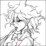  1boy bangs black_border border collarbone danganronpa_(series) danganronpa_2:_goodbye_despair english_commentary greyscale hand_up komaeda_nagito licking licking_finger male_focus messy_hair monochrome open_mouth saliva simple_background solo tongue tongue_out trembling upper_body white_background yandr4hope 