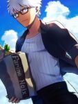  1boy archer_(fate) bag black_jacket cloud collarbone dark-skinned_male dark_skin fate/grand_order fate_(series) fingernails food fruit glasses grey_eyes highres holding holding_bag jacket male_focus official_alternate_costume open_clothes open_jacket outdoors pants paper_bag pineapple ribbed_shirt shirt short_hair solo summer_casual_(fate) tamayan_(tmyaaa_tk) white_hair white_shirt 
