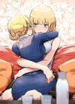  2girls absurdres blonde_hair blue_eyes blush bottle braid breasts couch darjeeling_(girls_und_panzer) dress earl_grey_(girls_und_panzer) flower french_braid girls_und_panzer glass highres hug lily_(flower) medium_breasts multiple_girls no_shoes oshiri_seijin pantyhose pillow short_hair table yuri 