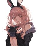  1girl amiya_(arknights) amiya_(arknights)_(cosplay) animal_ears arknights bangs bare_shoulders blush bow braid bunny_hair_ornament character_print commentary_request cosplay danganronpa_(series) danganronpa_2:_goodbye_despair ear_bow hair_bow hair_ornament holding jacket long_sleeves looking_at_viewer nanami_chiaki off_shoulder side_braid simple_background sleeves_past_wrists smile solo teeth upper_body usami_(danganronpa) white_background yoru_(yorusumire) 