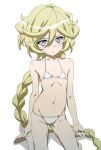  1girl bikini blonde_hair blue_eyes blush braid braided_ponytail breasts carol_malus_dienheim closed_mouth collarbone eyebrows_visible_through_hair fujikawa_daichi groin long_hair looking_at_viewer mole mole_under_eye navel ponytail senki_zesshou_symphogear shiny shiny_hair simple_background sitting small_breasts solo swimsuit white_background white_bikini 