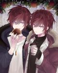  2boys :d apple apple_tree bangs black_coat black_sweater blue_eyes blurry blurry_background brown_coat brown_hair burger coat coffee commentary_request drawstring drink food fruit fur_trim hair_between_eyes hand_on_another&#039;s_shoulder highres holding holding_drink jewelry long_sleeves looking_at_another male_focus medium_hair multicolored_hair multiple_boys muon necklace open_clothes open_mouth open_shirt original red_hair shirt siblings sidelocks sleeves_past_wrists smile streaked_hair sweater tree turtleneck turtleneck_sweater twins white_shirt white_sweater 