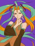  1girl aqua_hair bare_shoulders closed_mouth cosplay detached_sleeves earrings floating_hair hair_intakes hand_up hatsune_miku hatsune_miku_(cosplay) jewelry long_eyebrows long_hair long_sleeves looking_at_viewer macross macross_plus multicolored_hair orange_eyes orange_hair orange_pupils pinky_out purple_background sharon_apple smile solo trait_connection twintails two-tone_hair very_long_hair vocaloid yuccoshi 