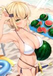  1girl aegis_(takunomi) arm_up armpits bare_arms bare_shoulders beach bikini blonde_hair breasts cleavage cowboy_shot elf enjou_kouhai_oshiego_wa_elf_ryuu_ningyo_jinrou folded_ponytail food fruit green_eyes halter_top halterneck headband highres innertube large_breasts long_hair looking_at_viewer navel parted_lips pointy_ears sheath sheathed side-tie_bikini sidelocks skindentation solo standing stomach strap strap_gap string_bikini suikawari swimsuit sword takunomi v-shaped_eyebrows watermelon weapon white_bikini 