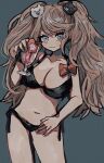  1girl asymmetrical_breasts bangs bear_hair_ornament bikini black_bikini blonde_hair bow breasts cleavage collarbone cowboy_shot danganronpa:_trigger_happy_havoc danganronpa_(series) danganronpa_s:_ultimate_summer_camp drinking_straw enoshima_junko flower green_background grey_eyes hair_ornament halterneck highres holding kara_aren large_breasts leaning_to_the_side long_hair looking_at_viewer nail_polish navel red_bow red_flower scrunchie side-tie_bikini solo stomach swimsuit twintails wrist_scrunchie 