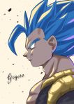  1boy bangs blue_eyes blue_hair character_name closed_mouth coffeelove68 dragon_ball dragon_ball_super dragon_ball_super_broly from_side gogeta highres male_focus metamoran_vest muscular short_hair smile spiked_hair super_saiyan super_saiyan_blue upper_body yellow_background 