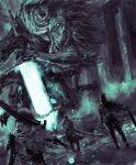  3others armor bloodborne blue_theme commentary english_commentary highres holding holding_sword holding_weapon ludwig_the_accursed monster multiple_others planted planted_sword shimhaq standing sword weapon 