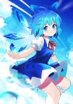  1girl absurdres bangs blue_bow blue_dress blue_eyes blue_hair blue_sky bow cirno closed_mouth cloud collared_shirt dress eyebrows_visible_through_hair hair_bow highres ice ice_wings looking_at_viewer neck_ribbon outdoors pinafore_dress puffy_short_sleeves puffy_sleeves red_neckwear red_ribbon ribbon shirt short_hair short_sleeves sky smile solo touhou water white_shirt wings yuujin_(yuzinn333) 