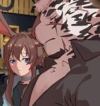  1boy 1girl amiya_(arknights) animal_ears arknights black_shirt blush breast_envy brown_hair from_side fur furry furry_with_non-furry guoguo hetero highres interspecies looking_at_another male_cleavage male_focus meme mountain_(arknights) muscle_envy muscular muscular_male partially_unbuttoned pectoral_envy_(meme) pectorals rabbit_ears rabbit_girl scar scar_across_eye shirt short_hair tiger_boy tiger_ears upper_body 