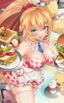  1girl absurdres akai_haato apron bangs bare_shoulders blonde_hair blue_eyes blue_neckwear blush bread breasts character_name cheese cleavage commentary_request cup detached_collar disposable_cup dress egg eyebrows_visible_through_hair fang food fried_egg frilled_apron frilled_dress frills haaton_(akai_haato) hair_between_eyes hair_ornament hardboiled_egg heart heart_hair_ornament highres holding holding_tray hololive indoors large_breasts long_hair looking_at_viewer makinan necktie open_mouth pink_footwear plaid plaid_dress plate ponytail red_dress roller_skates sandwich short_necktie skates skin_fang smile standing standing_on_one_leg thighhighs tomato_slice tray very_long_hair virtual_youtuber white_apron white_legwear 