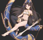  1girl absurdres anklet barefoot black_hair black_legwear blurry blurry_background closed_mouth commentary_request earrings eyebrows_visible_through_hair fate/grand_order fate_(series) full_body grey_background hair_intakes highres holding hoop_earrings ishtar_(fate) ishtar_(fate)_(all) jewelry light_smile looking_at_viewer red_eyes sarhce single_thighhigh solo thighhighs toeless_legwear two_side_up 