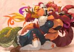 2girls bangs black_panties blonde_hair blush breasts capelet closed_eyes closed_mouth commentary dragon_girl dragon_horns dragon_tail english_commentary fighting frills frown fur_trim garter_straps gloves hair_pull highres horns huge_breasts ilulu_(maidragon) kneeling kobayashi-san_chi_no_maidragon large_breasts loafers long_hair maid maid_headdress multicolored_hair multiple_girls open_mouth orange_hair panties profile purple_hair red_hair scratches scrooge_mckhyle sharp_teeth shoes tail teeth thighhighs tohru_(maidragon) torn_clothes torn_legwear two-tone_hair underwear very_long_hair white_gloves white_legwear 