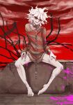  1boy :d bangs bare_legs barefoot chain cloud collar collarbone danganronpa_(series) danganronpa_another_episode:_ultra_despair_girls english_commentary grey_hair hands_on_own_thighs injury komaeda_nagito looking_at_viewer male_focus metal_collar mixed-language_commentary open_mouth pink_blood red_nails red_sky shirt sitting sky sleeves_past_wrists smile solo striped striped_shirt upper_teeth yandr4hope 