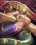  1girl absurdly_long_hair armpits bangs bare_shoulders blonde_hair breasts breath_of_fire breath_of_fire_iii closed_eyes closed_mouth collarbone covered_nipples curled_horns english_commentary engrish_commentary eyebrows_visible_through_hair feathered_wings groin hair_on_horn hair_over_breasts horns huge_breasts lamia long_hair monster_girl multiple_horns myria navel niur nude parted_bangs perky_breasts reward_available sidelocks sky solo star_(sky) starry_sky stomach very_long_hair winged_arms wings 