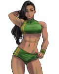  1girl 6maker abs alternate_costume arm_behind_head armpits asymmetrical_hair black_hair breasts contrapposto cornrows dark-skinned_female dark_skin expressionless green_tankini grey_eyes hand_in_hair highres laura_matsuda long_hair medium_breasts muscular muscular_female navel solo standing street_fighter street_fighter_v swimsuit tankini thick_thighs thighs thumb_in_beltline white_background wristband 
