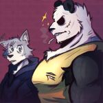  2boys animal_ears bara bear_boy bear_ears beastars breast_envy bursting_pectorals character_request from_side furry highres large_pectorals legoshi looking_at_another looking_down male_focus meme multiple_boys muscle_envy muscular muscular_male n-y-q-u-i-l pectoral_envy_(meme) pectoral_focus pectorals shirt sleeveless sleeveless_shirt tank_top upper_body yellow_shirt yellow_tank_top 