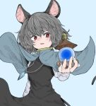  1girl animal_ears bangs black_dress blue_background blue_capelet capelet cowboy_shot dress eyebrows_visible_through_hair fe_(tetsu) grey_hair holding jewelry long_sleeves looking_at_viewer mouse_ears mouse_tail nazrin open_mouth pagoda pendant red_eyes short_hair simple_background solo standing tail touhou 