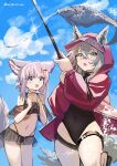  2girls :o animal_ears arknights bikini black_bikini black_swimsuit blue_eyes cloud commentary covered_navel ears_through_headwear fang fish fishing fishing_rod fox_ears fox_girl fox_tail hair_between_eyes hair_ornament hairclip highleg highleg_swimsuit holding holding_fishing_rod hood hood_up jacket light_brown_hair multiple_girls navel official_alternate_costume one-piece_swimsuit open_mouth projekt_red_(arknights) projekt_red_(light_breeze)_(arknights) red_(girllove) red_jacket sky sussurro_(arknights) sussurro_(summer_flowers)_(arknights) swimsuit tail thigh_strap twitter_username wolf_ears yellow_eyes 