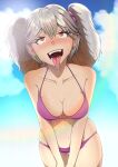  1girl ahegao arms_between_legs astrocriminal bikini blue_sky blush breasts cleavage cloud highres leaning_forward medium_breasts older open_mouth original purple_bikini rainbow red_eyes rolling_eyes saliva shiny shiny_hair silver_hair sky summer sweat sweating_profusely swimsuit tongue tongue_out 