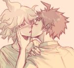  2boys ahoge bangs blush closed_eyes collarbone collared_shirt commentary danganronpa_(series) danganronpa_2:_goodbye_despair hand_on_another&#039;s_cheek hand_on_another&#039;s_face hand_on_another&#039;s_shoulder hand_up hinata_hajime kiss komaeda_nagito looking_at_another male_focus messy_hair monochrome multiple_boys shirt short_hair simple_background upper_body yandr4hope yaoi 