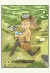  2girls animal_ears bare_shoulders beige_shirt black_gloves black_legwear bow bowtie brown_neckwear brown_shorts capybara_(kemono_friends) capybara_girl commentary_request elbow_gloves extra_ears eyebrows_visible_through_hair fanta_(the_banana_pistols) fingerless_gloves fish fur_collar gloves grey_gloves grey_hair grey_legwear grey_swimsuit highres japari_symbol kemono_friends long_sleeves looking_at_viewer multicolored_hair multiple_girls one-piece_swimsuit otter_ears otter_girl otter_tail pantyhose puffy_sleeves running short_hair shorts sleeveless small-clawed_otter_(kemono_friends) swimming swimsuit tail thighhighs two-tone_hair two-tone_swimsuit underwater white_fur white_hair white_swimsuit zettai_ryouiki 
