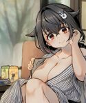  1girl bath_yukata black_hair braid breasts can cleavage commentary hair_flaps hair_ornament hairclip highres hiryuu_(kancolle) japanese_clothes jingei_(kancolle) kantai_collection kimono kirisawa_juuzou large_breasts long_hair looking_at_viewer low_ponytail red_eyes single_braid smile solo striped striped_kimono upper_body yukata yura_(kancolle) 