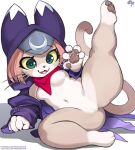 1girl :3 animal_hood blue_eyes breasts cat_girl cat_hood cat_tail claws colored_sclera fangs felyne furry hood krokobyaka leg_up looking_at_viewer lying monster_hunter_(series) monster_hunter_stories_2 navel on_side open_mouth paws pink_hair red_scarf scarf short_stack simple_background smile stomach tail thick_thighs thighs tsukino_(monster_hunter) whiskers yellow_sclera 