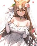  1girl animal_ears blush breasts brown_eyes brown_hair choker cleavage closed_mouth dress elbow_gloves eyebrows_visible_through_hair flower gloves hair_flower hair_ornament hair_ribbon highres horse_ears horse_girl large_breasts long_hair looking_at_viewer minttchocok petals red_flower red_rose ribbon rose satono_diamond simple_background smile solo umamusume wedding_dress white_background white_choker white_dress white_gloves 