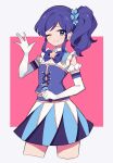 1girl aikatsu!_(series) bangs blue_bow blue_corset blue_eyes blue_skirt bow bowtie closed_mouth commentary core cowboy_shot detached_sleeves eyebrows_visible_through_hair hair_ornament hair_scrunchie hand_up highres holding holding_microphone kiriya_aoi long_hair looking_at_viewer microphone one_eye_closed pink_background pleated_skirt purple_hair scrunchie shirt side_ponytail skirt sleeveless sleeveless_shirt smile solo star_(symbol) sunrise_(company) two-tone_background uhouhogorigori waving white_background white_sleeves 