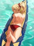  1girl ass back bangs bare_shoulders bikini blonde_hair braid breasts fate/grand_order fate_(series) french_braid green_eyes hair_ornament hair_scrunchie highres long_hair looking_at_viewer looking_back mordred_(fate)_(all) mordred_(swimsuit_rider)_(fate) open_mouth parted_bangs ponytail prydwen_(fate) red_bikini revision scrunchie sidelocks small_breasts smile solo surfboard swimsuit tonee water 