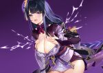  1girl absurdres black_hair braid breasts bridal_gauntlets cleavage frown genshin_impact gradient gradient_background hair_ornament hands_on_own_breasts highres japanese_clothes kikimi kimono large_breasts lightning long_hair looking_at_viewer obi off_shoulder open_mouth purple_background purple_eyes purple_kimono raiden_(genshin_impact) sash short_kimono single_braid sitting solo tassel thighs very_long_hair wide_sleeves 