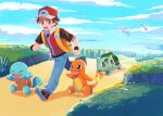 1boy :d backpack bag baseball_cap blue_pants blush brown_eyes brown_hair bulbasaur charmander clenched_hands cloud commentary_request day gen_1_pokemon grass hat highres jacket male_focus mew mo~zu mythical_pokemon open_mouth outdoors pants pokemon pokemon_(creature) pokemon_(game) pokemon_frlg popped_collar red_(pokemon) red_headwear running shoes short_hair short_sleeves sky smile squirtle starter_pokemon_trio tongue vs_seeker wristband yellow_bag 