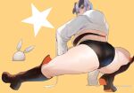  1girl 1other animal_ears ass back bangs blue_eyes boots breasts bunny crop_top denim denim_shorts dog_ears exercise full_body high_heel_boots high_heels hood hoodie ikuchan_kaoru ikuchan_kaoru_(character) indie_virtual_youtuber large_breasts looking_at_viewer looking_back orange_background original short_hair shorts simple_background squatting star_(symbol) thighs virtual_youtuber yellow_background 