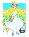  1girl aqua_footwear bag bangs brown_hair closed_eyes dress flower full_body hat hat_flower highres jacket kawatsu_yuuki leaf original plant potted_plant print_jacket round_eyewear shoes short_hair signature smile solo standing table white_dress yellow_flower yellow_nails 