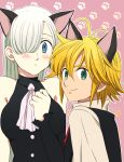  1boy 1girl animal_ears ascot black_shirt black_vest blonde_hair blue_eyes blush breasts cat_ears closed_mouth couple elizabeth_liones green_eyes grey_neckwear hair_intakes hair_over_one_eye harumiya hetero long_hair medium_breasts meliodas nanatsu_no_taizai parted_lips paw_print paw_print_background pink_background shiny shiny_hair shirt short_hair silver_hair sleeveless sleeveless_shirt smile straight_hair upper_body very_long_hair vest white_shirt 